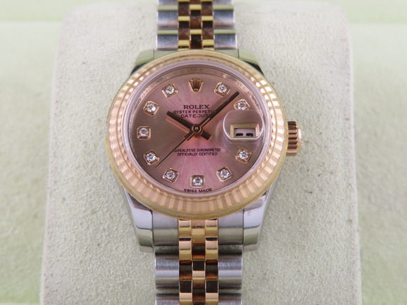 Rolex Datejust 18 ct. Rose Gold / Stainless Steel 26 mm Pink Dial Diamond Hour Markers 