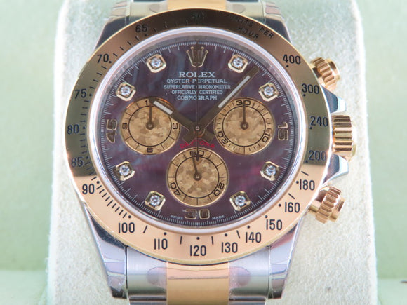Rolex Daytona 18 ct. Yellow Gold / Stainless Steel Black Mother Of Pearl Dial Diamond Hour Markers 116523 2009